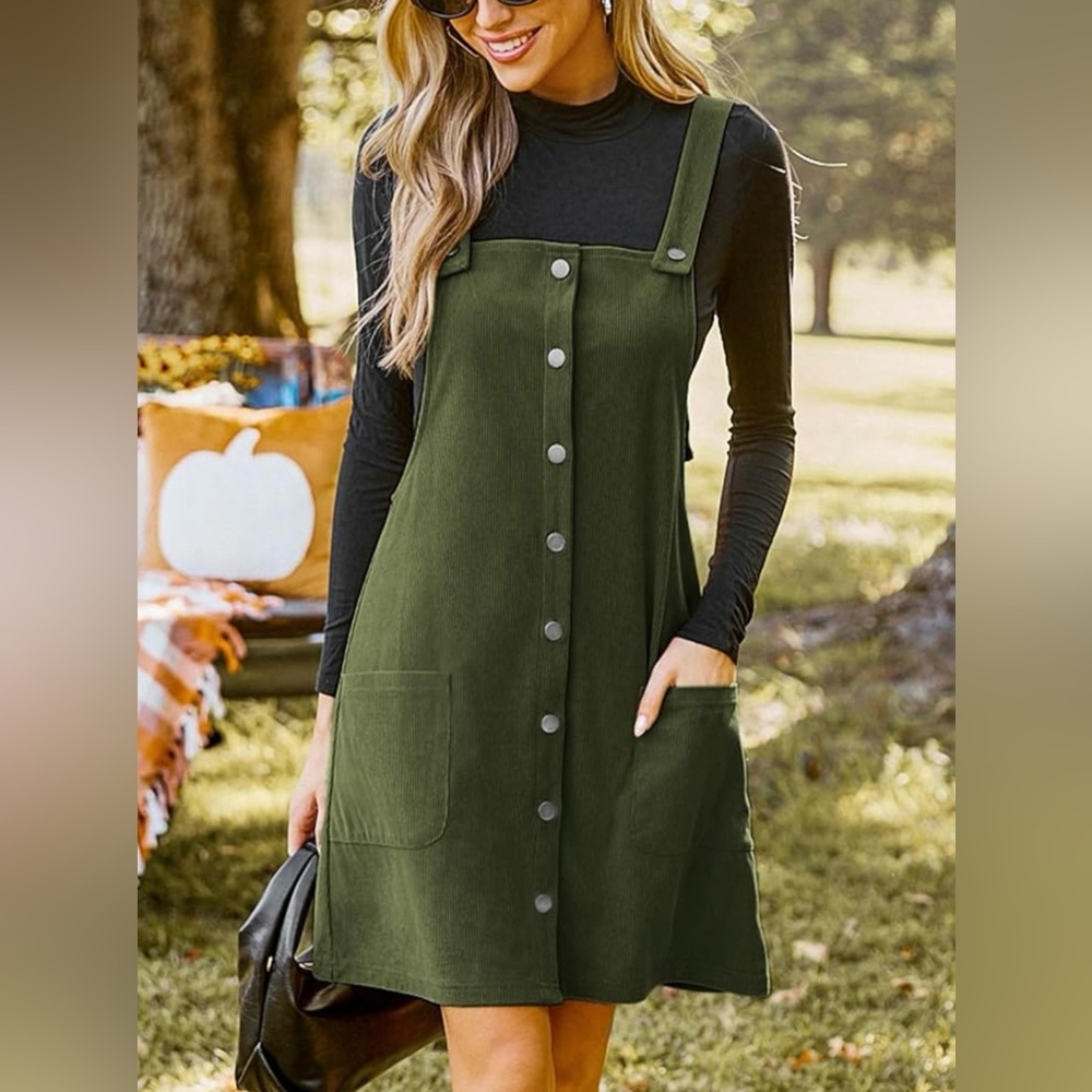 CUPSHE Women's Olive Green Corduroy Button-Front Pinafore Dress Size S